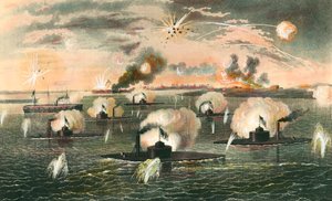 Secesní válka (1861-1865): „“Útok bitevních lodí s plovoucími bateriemi během secesní války““ Rytina kolem roku 1865. Soukromá sbírka od Anonymous Anonymous
