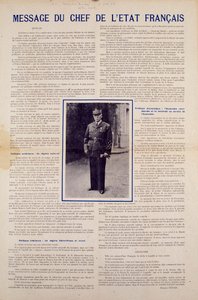 Druhá světová válka a vichistický režim: zpráva francouzské hlavy státu Philippe Petaina zveřejněná po příměří podepsaném Francií v červnu 1940 a představující program národní revoluce, podzim 1940. Soukromá sbírka od Anonymous Anonymous