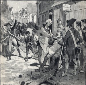 Obležení Lille v roce 1792: Maes paruka s použitím střepiny bomby jako misky na vousy k holení klienta. Rytina v „“Le petit parisien““ dne 16.10.1892. Soukromá sbírka od Anonymous Anonymous