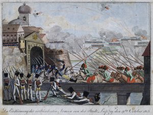 Útok spojeneckých vojsk na město Lipsko - bataille de Leipzig ou bataille des nations (16.-19. října 1813) - Anonymní - 1813 - Lept, akvarel - 33,3x27 - Soukromá sbírka od Anonymous Anonymous