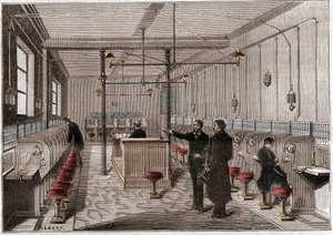 Telefonní ústředna postavená podle telekomunikačního systému Edison Gower-Bell - první centrální telefon v Paříži v roce 1879 - systém Američana Fredericka Gowera - rytina „“La nature““ z roku 1880 od Anonymous Anonymous