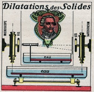 Teplota a dilatace: expanze pevných látek studovaná Antoine Laurent de Lavoisier (1743-1794). Anonymní ilustrace z roku 1925. Soukromá sbírka. od Anonymous Anonymous