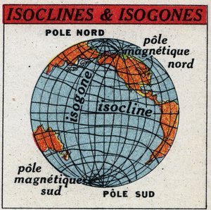 Zemský magnetismus: Magnetická mapa zobrazující izokliny a izogony. Anonymní ilustrace z roku 1925. Soukromá sbírka. od Anonymous Anonymous