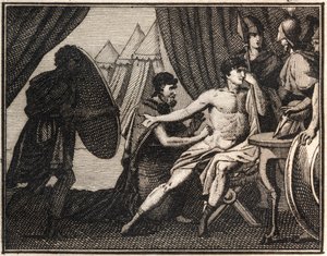 Smrt Epaminondas (po bitvě proti Sparťanům u Mantineie 362 př.nl). Rytina z „“The Rollin of Youth or Selected Pieces of Ancient and Roman Stories”” 1816. Soukromá sbírka. od Anonymous Anonymous