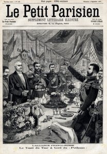 Francouzsko-ruská aliance: přípitek cara Mikuláše II. (1868-1918) na počest francouzského prezidenta Felixe Faureho (1841-1899) na palubě Pothau. V „“Le Petit Parisien““ dne 5.9.1897. Soukromá sbírka od Anonymous Anonymous