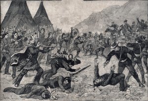 Indické povstání ve Spojených státech: boj mezi siouxskými indiány a americkými jednotkami. Rytina „Le petit Parisien““ z roku 1891. Soukromá sbírka. od Anonymous Anonymous