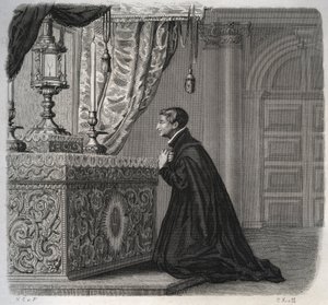 Italský jezuita Louis de Gonzague (San Luigi Gonzaga) (1568-1591) v modlitbě. Rytina z roku 1846 v „Životech svatých““. Soukromá sbírka. od Anonymous Anonymous