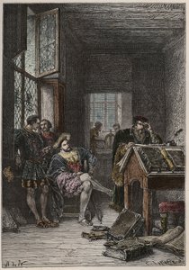 Francouzský král Francois I. (1494-1547), ochránce umění a literatury, návštěva dílen tiskařů Estienne (Robert Estienne), kolem roku 1540 (francouzský král František I. návštěva dílen královských typografů Estienne od Anonymous Anonymous