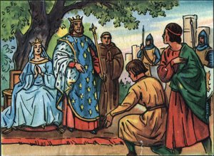 Francouzský král Saint Louis (Louis IX 1214-1270) koná spravedlnost pod dubem Bois de Vincennes. Anonymní ilustrace ve „Sbírce panovníků a hlav států Francie““. 20. století. Soukromá sbírka. od Anonymous Anonymous