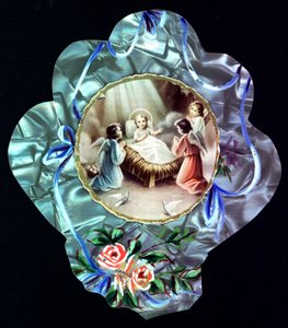 Nativite. Dítě Ježíš obklopuje anděly Zbožný obraz. Dentelee pohlednice. Soukromá sbírka od Anonymous Anonymous
