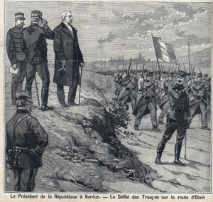 Prezident republiky Felix Faure (1841-1899) navštíví Verdun (Meuse): soutěsku vojenské školy na silnici Etin. Gravírování „“Le Petro Parisien““ od Anonymous Anonymous