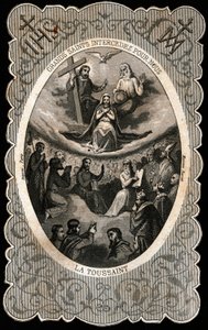 Panna Maria s Nejsvětější Trojicí (Bůh, Ježíš Kristus a holubice Ducha svatého). Dentelee karta. 19. století. Soukromá sbírka od Anonymous Anonymous