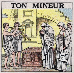 Umění zvuků: váš horník. Hráči na dvojitou flétnu na ulici v dávných dobách (během pohřbu?). Anonymní ilustrace z roku 1925. Soukromá sbírka. od Anonymous Anonymous