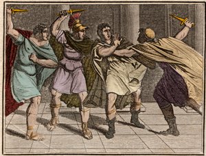 Atentát na římského císaře Julia Caesara (Jules Cesar - Giulio Cesare nebo Caius Julius Caesar) 15. března 44 př. n. l. - Rytina z „“ Rollin z mládí aneb Vybrané kusy antických a římských příběhů““ 1816 – Soukromá sbírka od Anonymous Anonymous