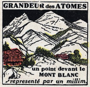 Atom a věda: velikost atomů. Bod před Mont Blancem reprezentovaný milimetrem. Anonymní ilustrace z roku 1925. Soukromá sbírka. od Anonymous Anonymous