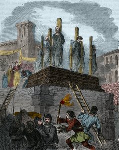 Případ kacířů z Orleans: kanovníci byli v roce 1022 v Orleansu odsouzeni k řezníkovi za kacířství. (první bucher v historii boje proti herezi na Západě za vlády Roberta II. Pobožného (996-1031). Rytina z 19. století od Anonymous Anonymous