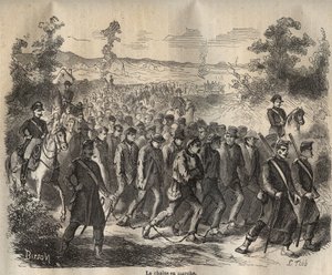 Řetěz začal v Toulon Bagne v 19. století. Rytina do „Historie trestanců od jejich vzniku po současnost“ (1877) od Pierra Zacconeho (1817-1895) (Colonia Penale - Trestná kolonie). Soukromá sbírka. od Anonymous Anonymous