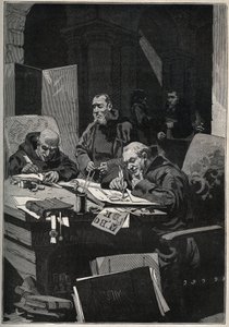 Chrysograf: mniši copistee provádějící iluminace zlatým písmem ve středověku. Rytina z roku 1885 v „“Les arts et metiers illustres““ od Adolpha BITARDA. od Anonymous Anonymous
