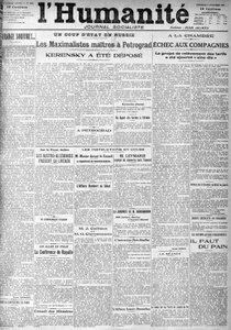 Převrat v Rusku na titulkách socialistických novin „Lidstvo“. Titulky:““ Mistři Maximalisté v Petrohradě“, „“Kerenskij byl uložen“““ (Kerenski), 9/11/1917. od Anonymous Anonymous