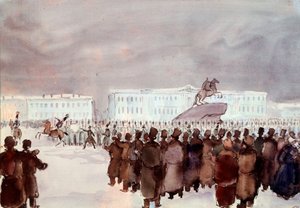 Dav na náměstí Senat během děkabristického povstání v roce 1825. Dekabrističtí nebo dekabrističtí členové tvrdě potlačeného pokusu o převrat organizovaný v Petrohradě 14. prosince 1825 s cílem získat od budoucího cara ústavu k modernizaci režimu. Anonymní od Anonymous Anonymous