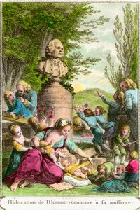 Výchova člověka začíná jeho narozením: matky s dětmi, vedle busty na poctu švýcarskému filozofovi Jeanu Jacquesovi Rousseauovi (1712-1778). Rytina soukromé sbírky 18. století od Anonymous Anonymous