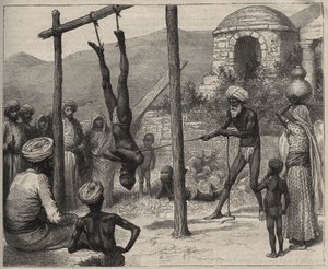 Fakír v Indii - Fakír (Faquir) v Indii - v byl zavěšen za nohy na dřevěné tyči - rytina z roku 1892 v „Journal des voyages““. od Anonymous Anonymous