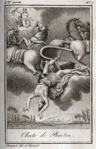 Pád Phaeton Phaeton (Phaethon), neschopný ovládat tank Helios, byl zasažen Zeusem a spadl do řeky Eridan. Rytina z roku 1819 v „Lettres a Emilie sur la mythologie“ od Charlese Alberta Demoustiera (1760-1801). Soukromá sbírka. od Anonymous Anonymous