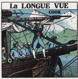 První optické přístroje: Kapitán James Cook (1728-1779) na přídi svého člunu pozoruje jižní země z dlouhého pohledu. Anonymní ilustrace z roku 1925. Soukromá sbírka. od Anonymous Anonymous