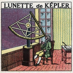 První optické přístroje: astronomická luneta od Johannese Keplera (Keppler) (1571-1630) vynalezená kolem roku 1615. Anonymní ilustrace z roku 1925. Soukromá sbírka. od Anonymous Anonymous