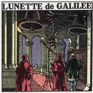 První optické přístroje: astronomická luneta Galilea Galilei zvaná Galilee (1564-1642) vynalezená v roce 1610. Anonymní ilustrace z roku 1925. Soukromá sbírka. od Anonymous Anonymous