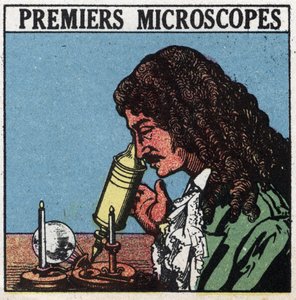 První optické přístroje: mikroskop používaný v době Christiaana Huygense (Huyghense) (1629-1695). Anonymní ilustrace z roku 1925. Soukromá sbírka. od Anonymous Anonymous