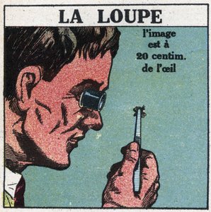První optické přístroje: lupa. Anonymní ilustrace z roku 1925. Soukromá sbírka. od Anonymous Anonymous