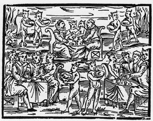 Jídlo čarodějnic o sabatu - „Compendium Maleficarum“, pojednává o čarodějnicích, jejich zlu a jejich třídění Francesco Maria Guazzo nebo Guaccio nebo Guaccius (15?? -16??) Soukromá sbírka 1608 od Anonymous Anonymous