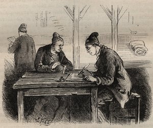 Veřejný spisovatel v Toulon Bagne v 19. století. Rytina do „Historie trestanců od jejich vzniku až po současnost“ (1877) od Pierra Zacconeho (1817-1895) (Colonia Penale - Trestná kolonie). Soukromá sbírka. od Anonymous Anonymous