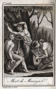 Trest nebo smrt Marsyas (The Punishment of Marsyas) je potrestán za to, že se vzepřel Apollónovi lyře, a je zabráněn Lučištníkem v přítomnosti krále Midase a múz. Rytina z roku 1819 v „Lettres a Emilie sur la mythologie“ od Charlese od Anonymous Anonymous