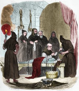 Otázka vody: Pedro (Pierre) de Arbues (1441/1442 - 1485) na mučení vyslýchá mladou ženu, která údajně přiměla svou sestru k luteránství. Svažte provázky, voda se nalije do látky, která se zatlačí na dno hrdla. od Anonymous Anonymous