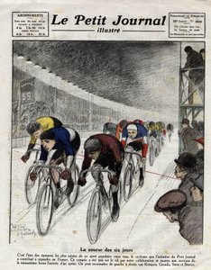 Šestidenní závod: Piet van Kempen (1898-1985), Alfred Grenda, Seres a Maurice Brocco (1883-1965) během sprintu. Rytina v Le Petit Journal illustre, dne 16.4.1922 od Anonymous Anonymous