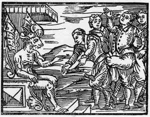 Čarodějové vzdávají hold ďáblovi - „Compendium Maleficarum“, pojednává o čarodějnicích, jejich zlu a jejich údělech od Francesca Maria Guazzo nebo Guaccio nebo Guaccius (15??? -16??) Soukromá sbírka 1608 od Anonymous Anonymous