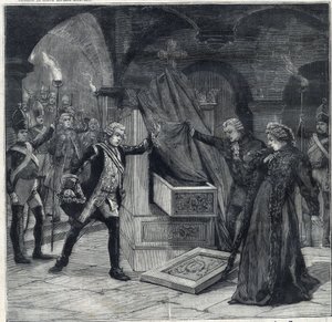 Scéna sklepů ve hře „Kateřina Ruska““ v divadle Cathelet Paul Ginisty (1855-1932) a Charlese Samsona (1894-1895). Gravírování „“Le Petro Parisien““ od Anonymous Anonymous