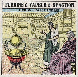 Parní stroj: reakční parní turbína. Eolipyle vynalezený řeckým Heronem Alexandrijským (nebo Heronem Starším) v 1. století našeho letopočtu. Anonymní ilustrace z roku 1925. Soukromá sbírka. od Anonymous Anonymous