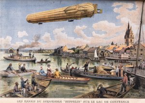 Testy vzducholodě Zeppelin na Bodamském jezeře v Německu. Rytina z novin "" Le Peute Parisien ", 2.8.1908. Soukromá sbírka. od Anonymous Anonymous