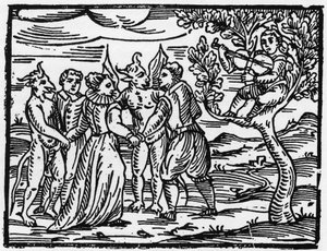 Čarodějnice o sabatu tančící za zvuku houslí - „Compendium Maleficarum“, pojednává o čarodějnicích, jejich zlu a jejich údělech od Francesca Maria Guazzo nebo Guaccia nebo Guaccius (15?? -16??) Soukromá sbírka 1608 od Anonymous Anonymous