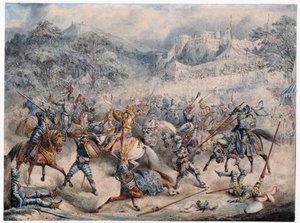 Tournoi (Moyenův věk) - Turnaj jízdních rytířů - Anonym - 1840 - Barevná litografie - 20,3x30,5 - Soukromá sbírka od Anonymous Anonymous