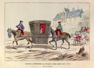 Une chaise à porter de voyage sous le reign du roi Louis XIV (1715) - Sedanské křeslo převážené koňmi za vlády francouzského krále Ludvíka XIV. od Anonymous Anonymous