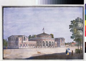 Železniční stanice a francouzská restaurace v Catharinhof (Nádraží a francouzská restaurace v Catharinhof). Anonymní litografie, kolorovaná akvarelem, 22 x 33 cm od Anonymous Anonymous