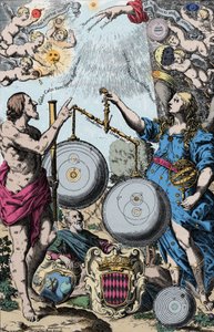Urania, Múza astronomie zastoupená před Argusem, držící dalekohled. Zvažují a porovnávají systém Koperníka (vlevo) a systém jezuity Giovanni Riccioliho inspirovaný systémem Tycha Brahe (který kombinuje geocentrické vize Ptolemea od Anonymous Anonymous