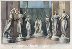 Různé sochy od Canovy - Tři Grácie - Hebe - Tančící tři Grácie - Venus Italica - Múza - rytina z „“ Zvyků a tradic všech národů vesmíru. To je historie vlády, zákonů, milicí, náboženství všech od Anonymous Anonymous