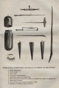Různé nástroje, které mají forcats při útěku. Rytina do „Historie věznic od jejich vzniku po současnost““ (1877) od Pierra Zacconeho (1817-1895) (Colonia Penale - Trestná kolonie) od Anonymous Anonymous