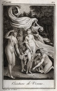 Venušin pás: Zatímco bitva pokračuje ve prospěch Trojanů, Junon používá Venušin pás k okouzlení Jupitera a spánek, aby ho uspal. Rytina z roku 1819 v „Lettres a Emilie sur la mythologie“ od Charlese Alberta Demoustiera (1760-1801). Soukromá sbírka od Anonymous Anonymous