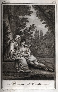 Vertumne a Pomone (Jupiter a Ceres): Vertumne, zamilovaná do nymfy Pomone, se přestrojí za starou ženu, aby se k ní přiblížila. Rytina z roku 1819 v „Lettres a Emilie sur la mythologie“ od Charlese Alberta Demoustiera (1760-1801). Soukromá sbírka. od Anonymous Anonymous